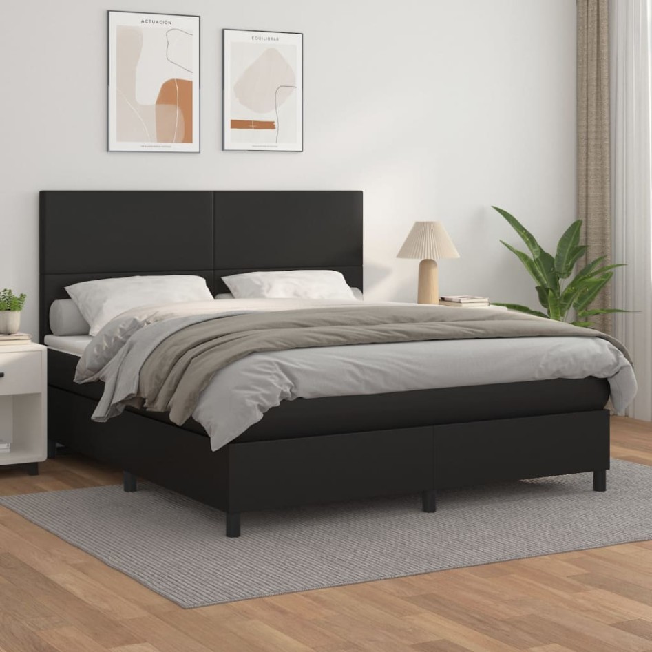 Cama box spring con colchón cuero sintético negro 160x200