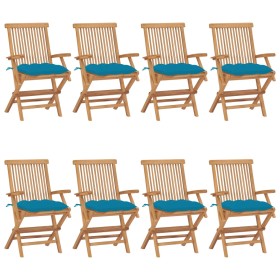 Sillas de jardín 8 uds madera teca con cojines azul