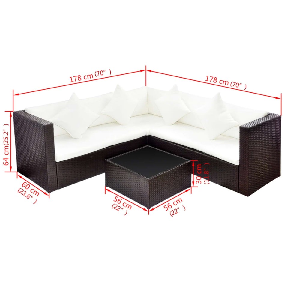 Set muebles de jardín 4 piezas y cojines ratán sintético