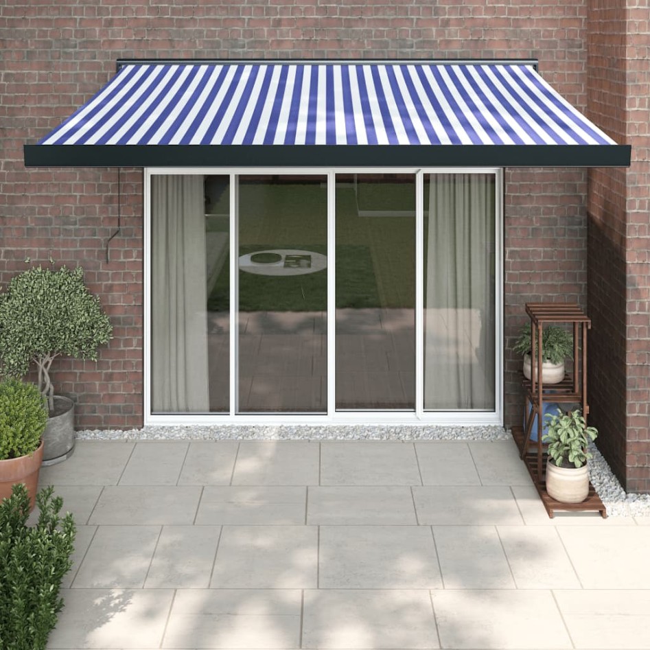 Toldo retráctil aluminio y tela azul y blanco 3,5x2,5
