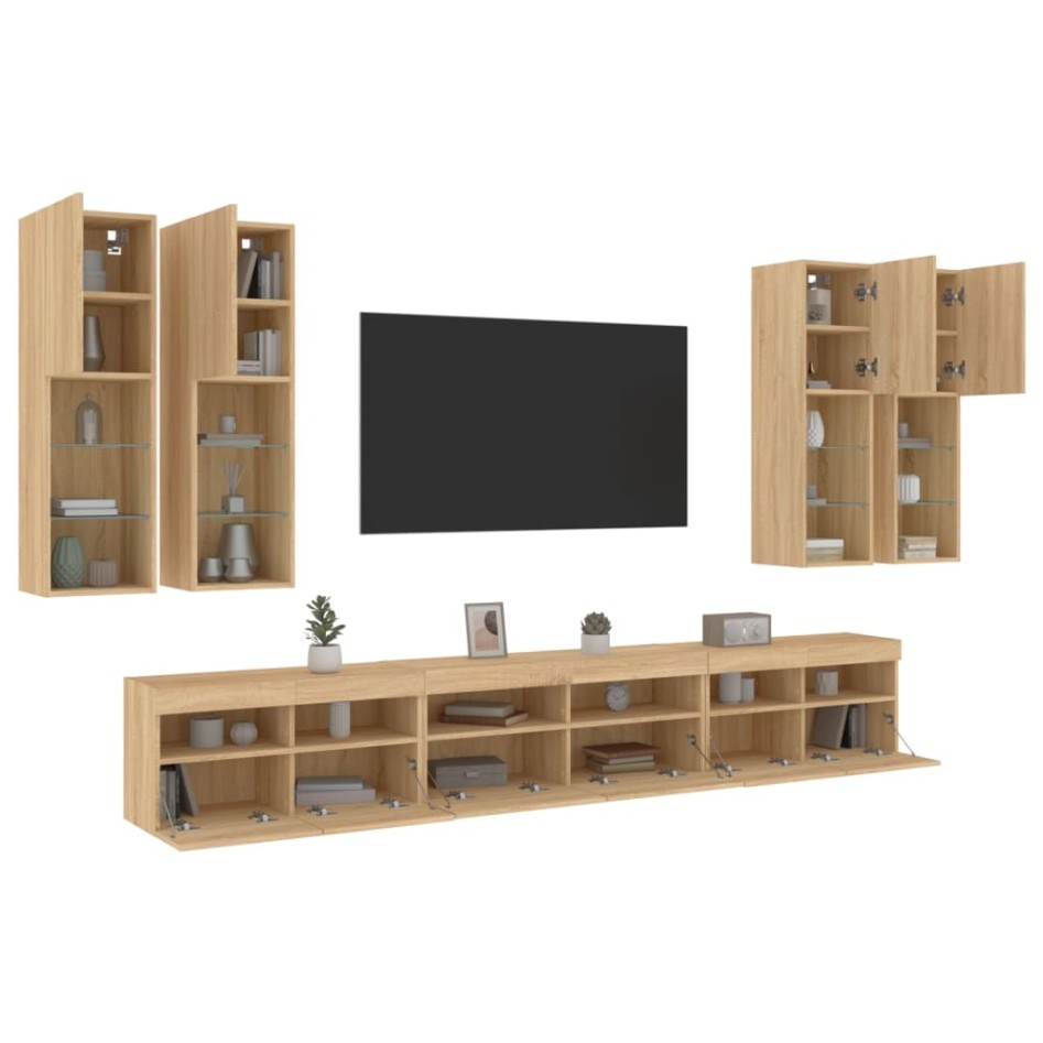 Muebles de TV de pared con luces LED 7 piezas roble