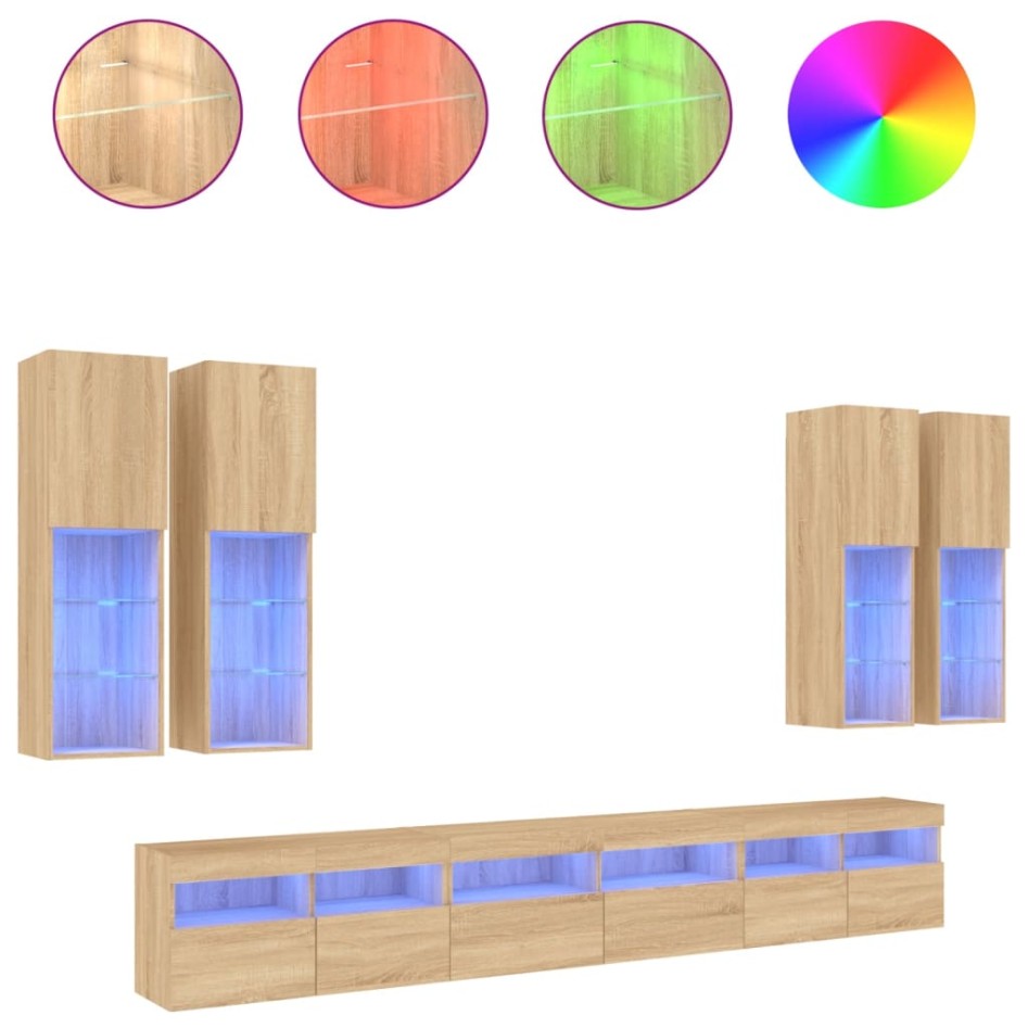 Muebles de TV de pared con luces LED 7 piezas roble