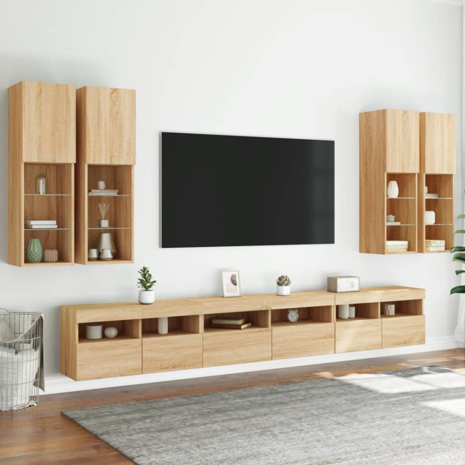 Muebles de TV de pared con luces LED 7 piezas roble