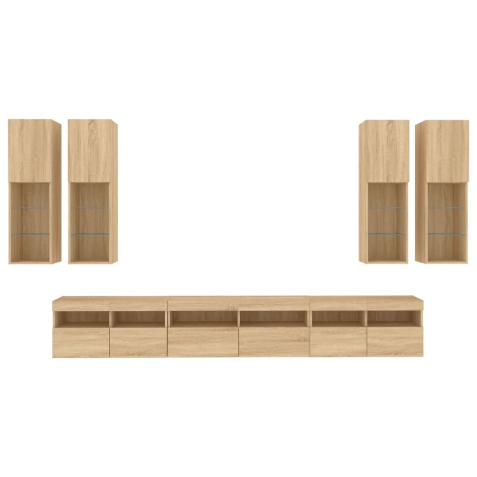 Muebles de TV de pared con luces LED 7 piezas roble