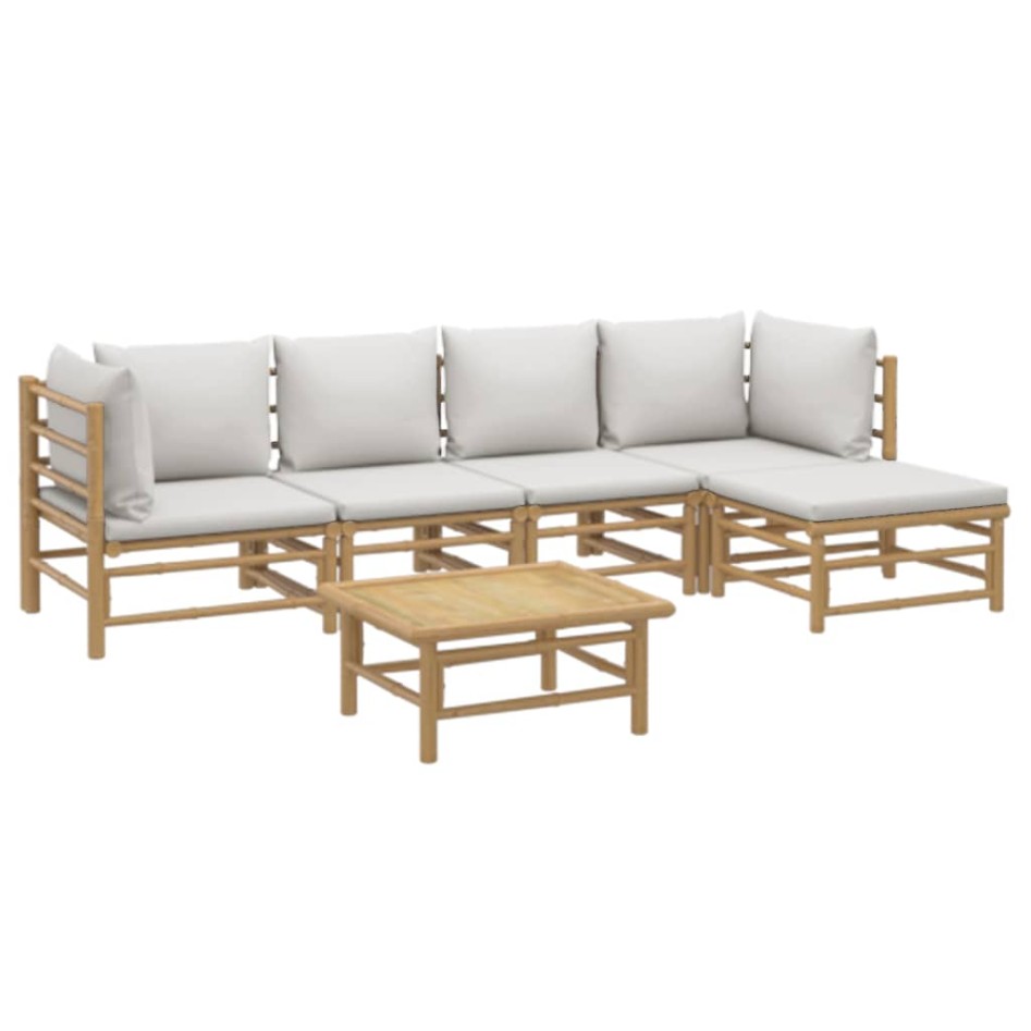 Set de muebles de jardín 6 piezas bambú con cojines gris