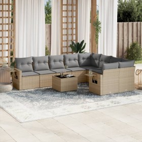 Juego de sofás jardín con cojines beige 10 pzas ratán