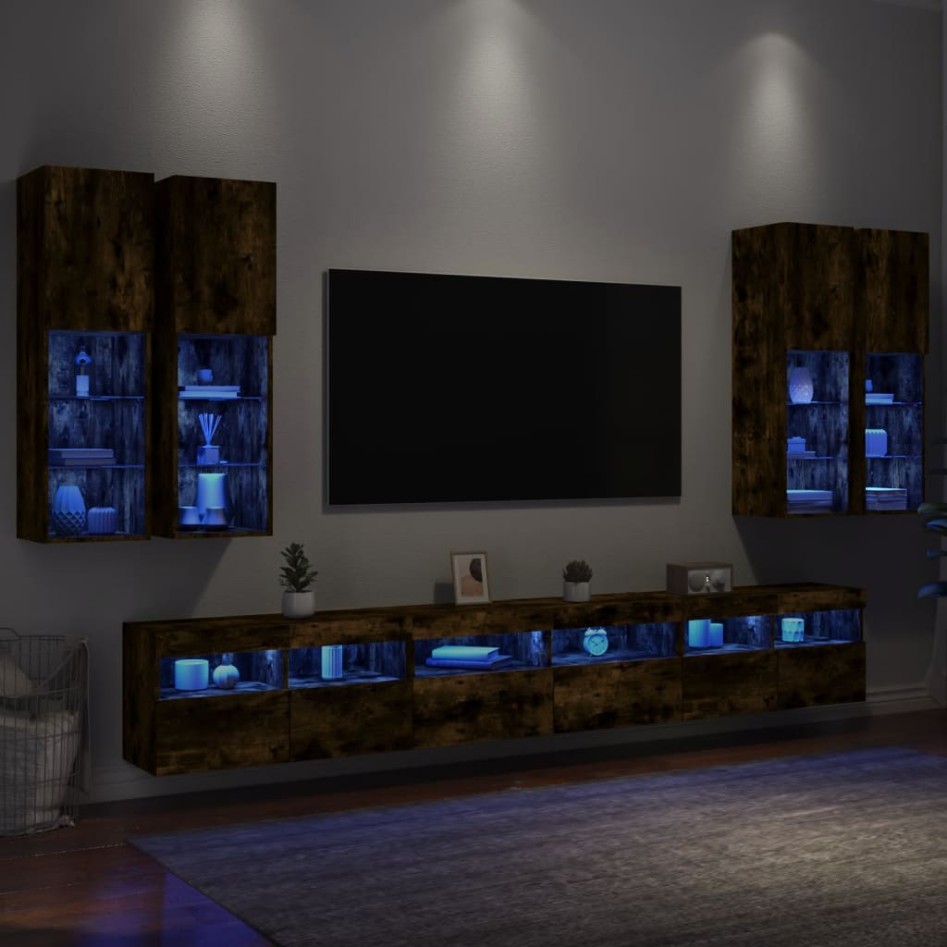 Muebles de TV de pared con luces LED 7 piezas roble