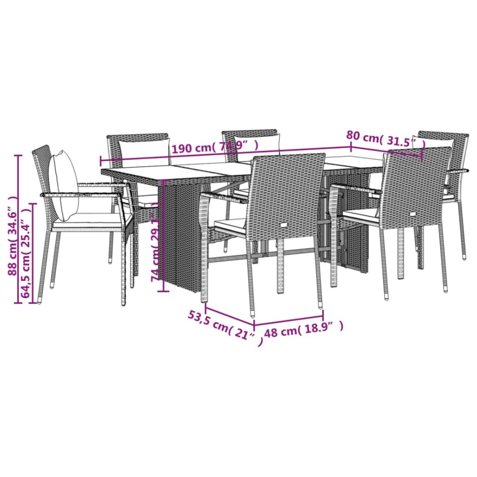 Set comedor jardín 7 pzas y cojines ratán sintético
