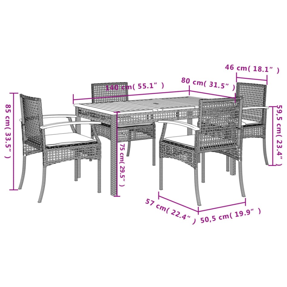 Set comedor de jardín 5 pzas con cojines ratán sintético