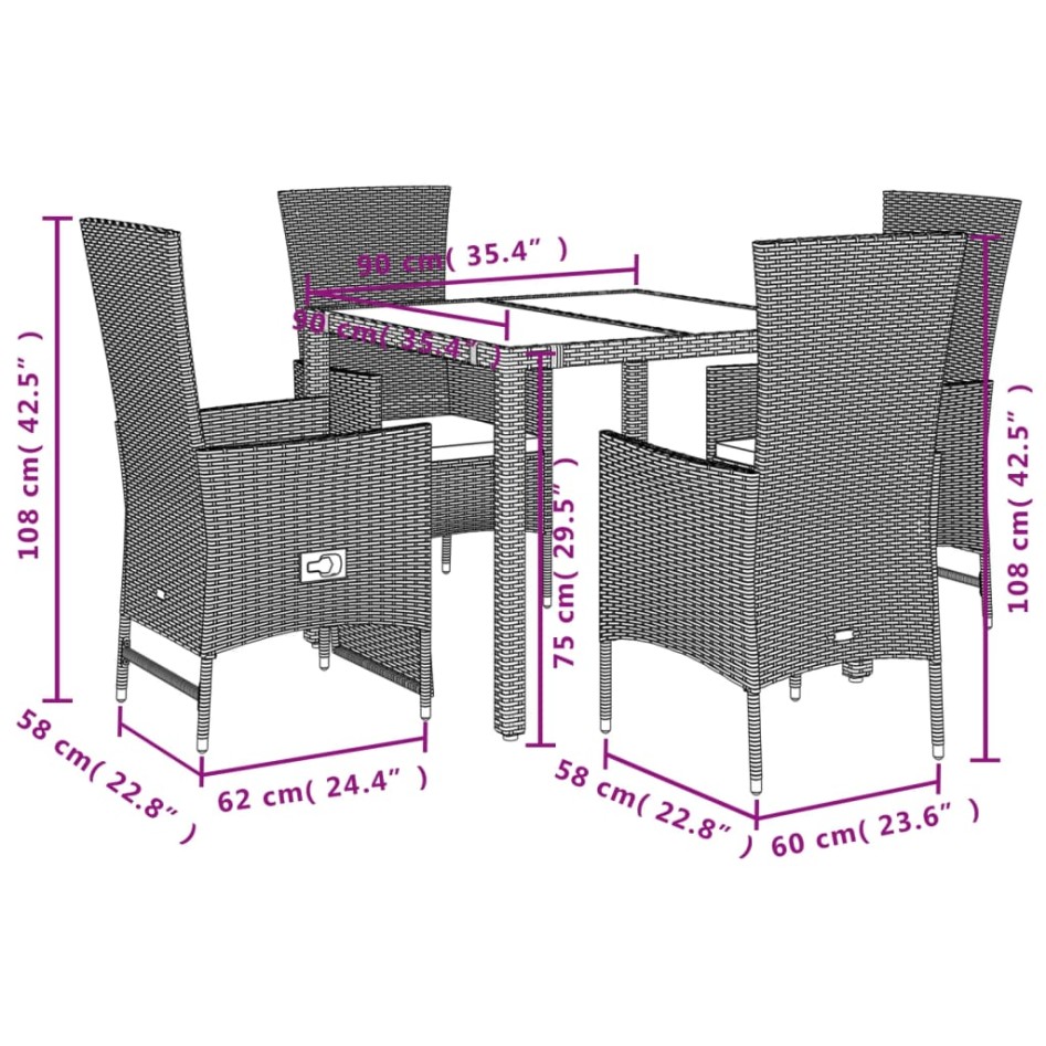 Set comedor de jardín 5 pzas con cojines ratán sintético