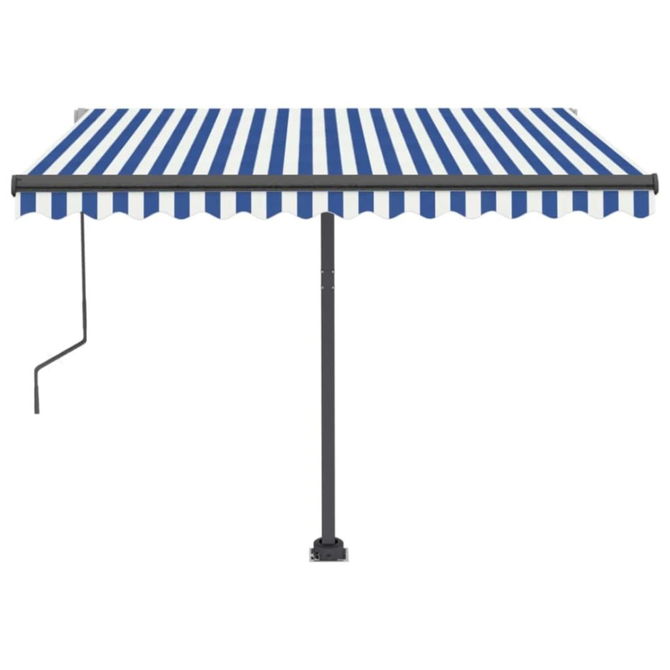 Toldo de pie automático azul y blanco 300x250