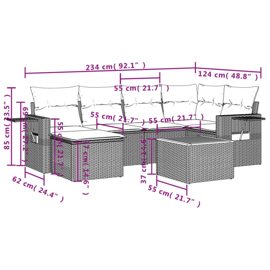 Juego de sofás jardín con cojines beige mezcla 7 pzas ratán