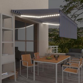 Toldo manual retráctil con persiana y LED azul y blanco 4x3
