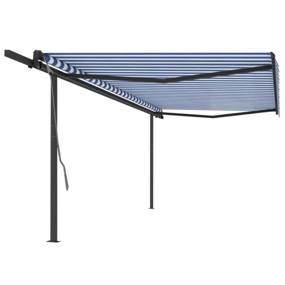 Toldo retráctil automático con postes azul y blanco 5x3