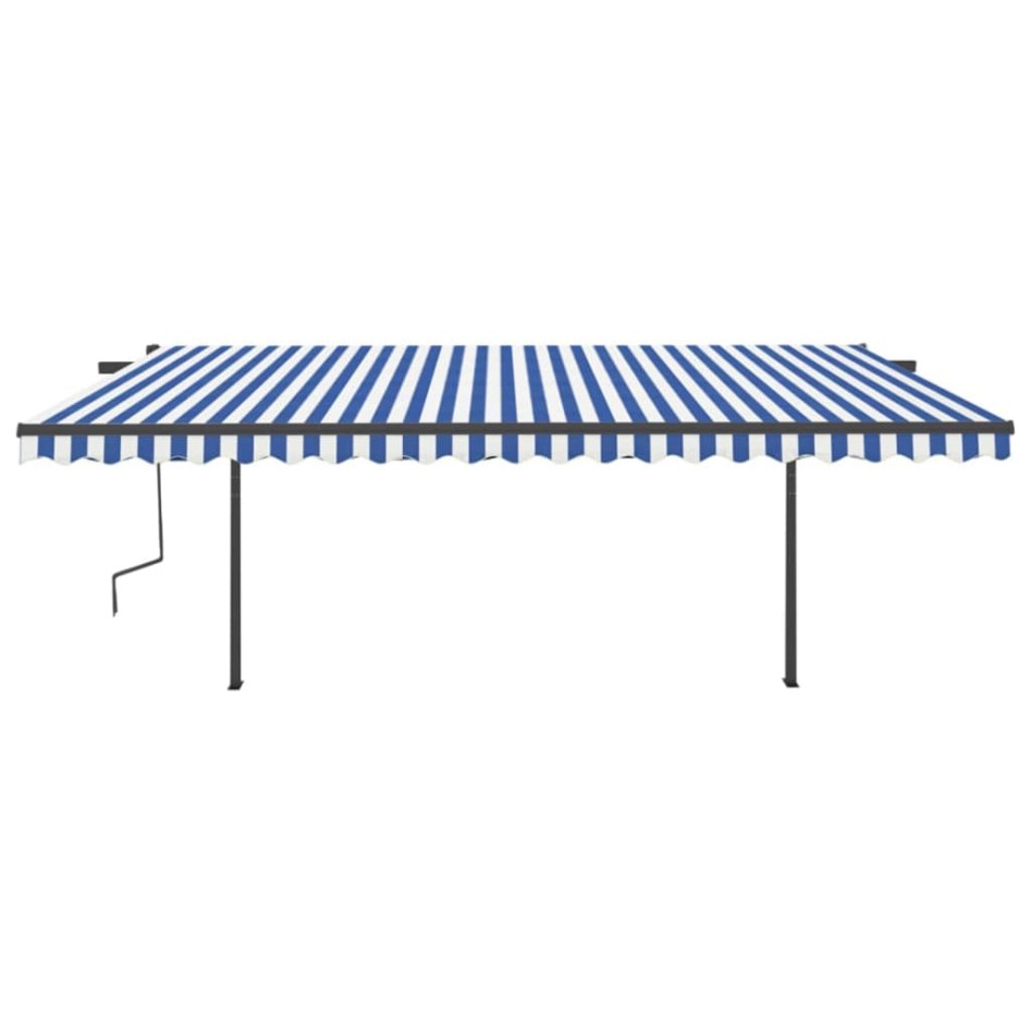 Toldo retráctil automático con postes azul y blanco 5x3