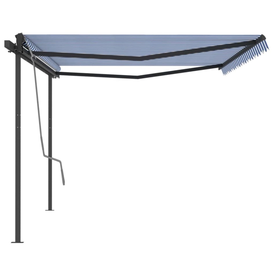 Toldo retráctil automático con postes azul y blanco 5x3