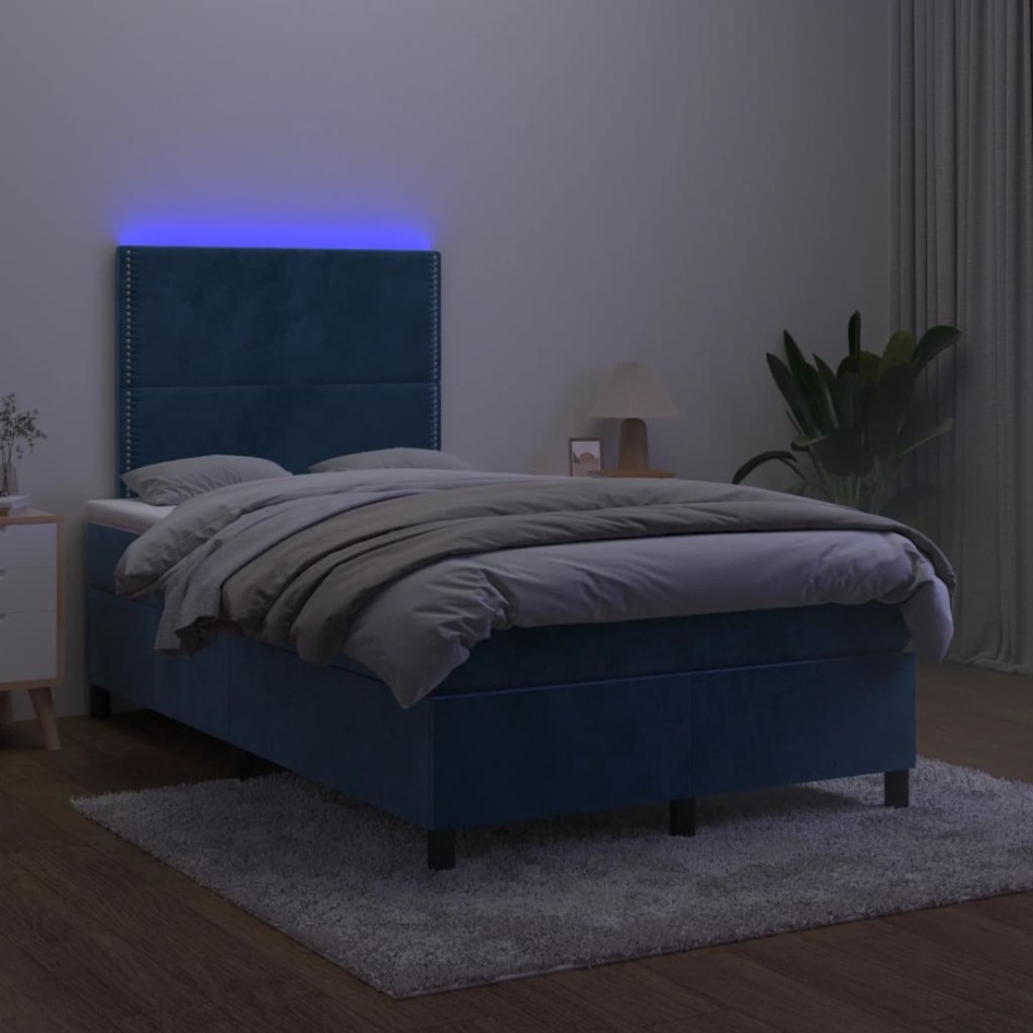 Cama box spring colchón y LED terciopelo azul oscuro 120x190
