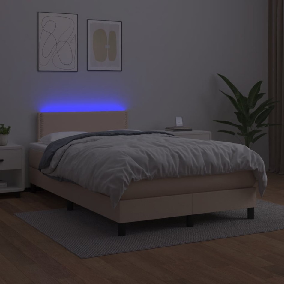 Cama box spring colchón LED cuero sintético capuchino