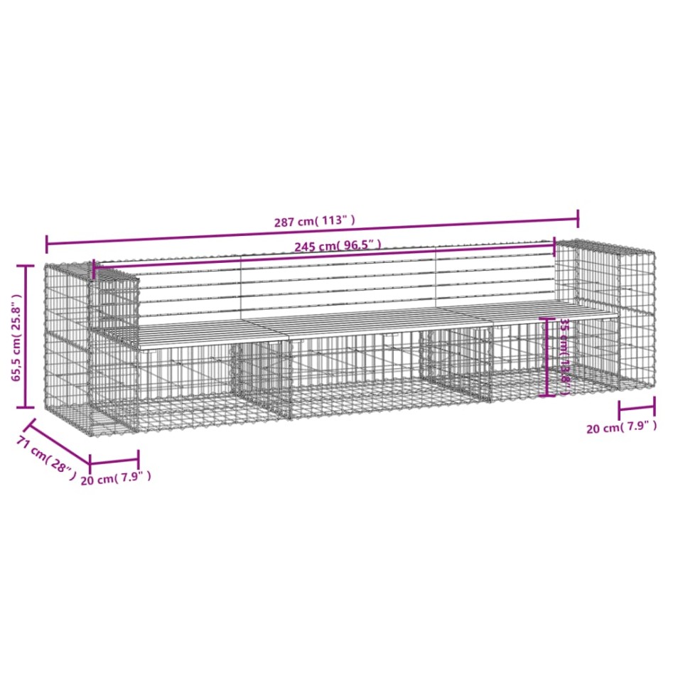 Banco jardín diseño gaviones madera maciza pino 287x71x65,5