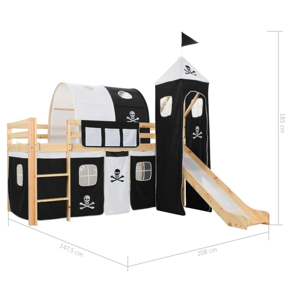 Cama alta para niños tobogán y escalera madera pino 97x208