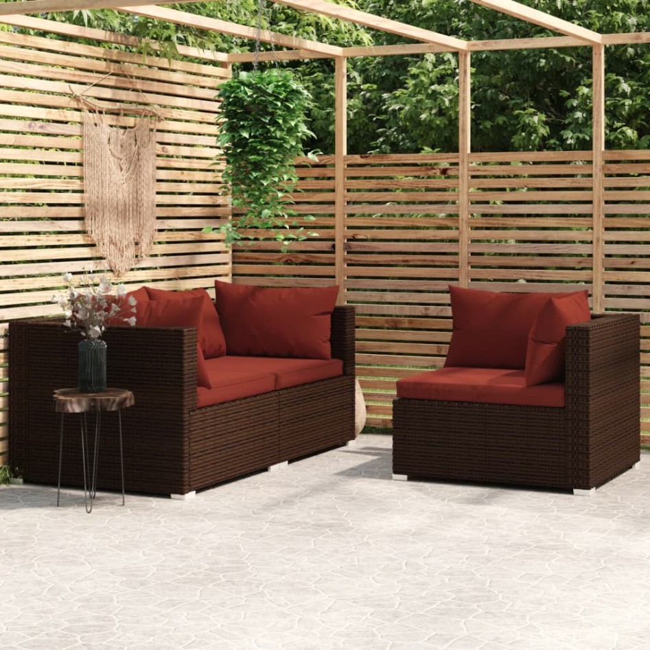 Set muebles de jardín 3 piezas y cojines ratán sintético