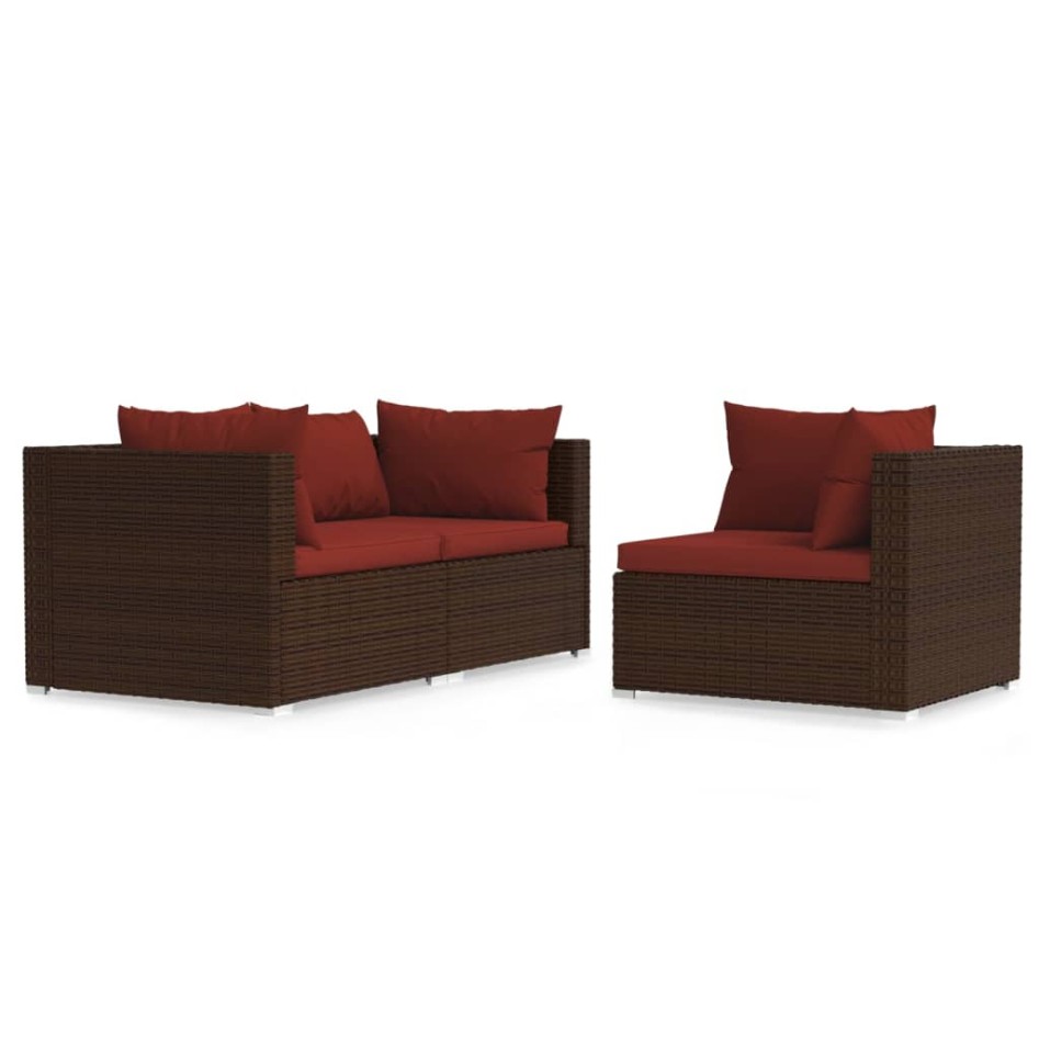 Set muebles de jardín 3 piezas y cojines ratán sintético