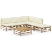 Set de muebles de jardín 6 piezas bambú y cojines blanco crema