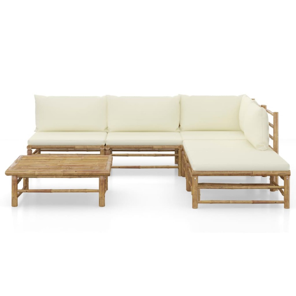 Set de muebles de jardín 6 piezas bambú y cojines blanco
