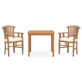Set de comedor de jardín 3 pzas y cojines madera maciza de