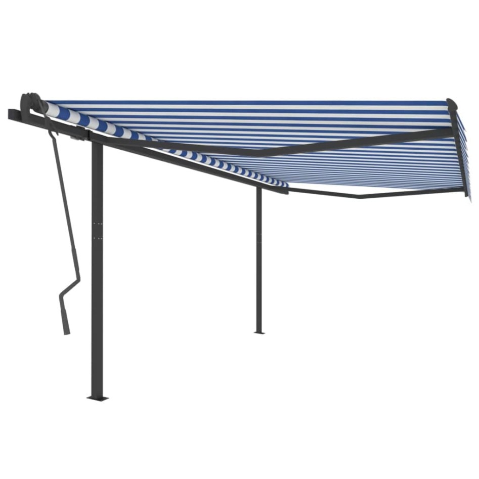Toldo retráctil automático con postes azul y blanco 4x3,5