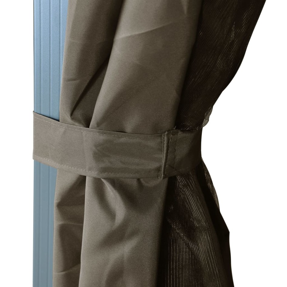 Cenador con cortina y tira de luz LED aluminio taupé