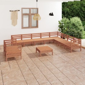 Juego muebles de jardín 11 pzas madera maciza pino marrón