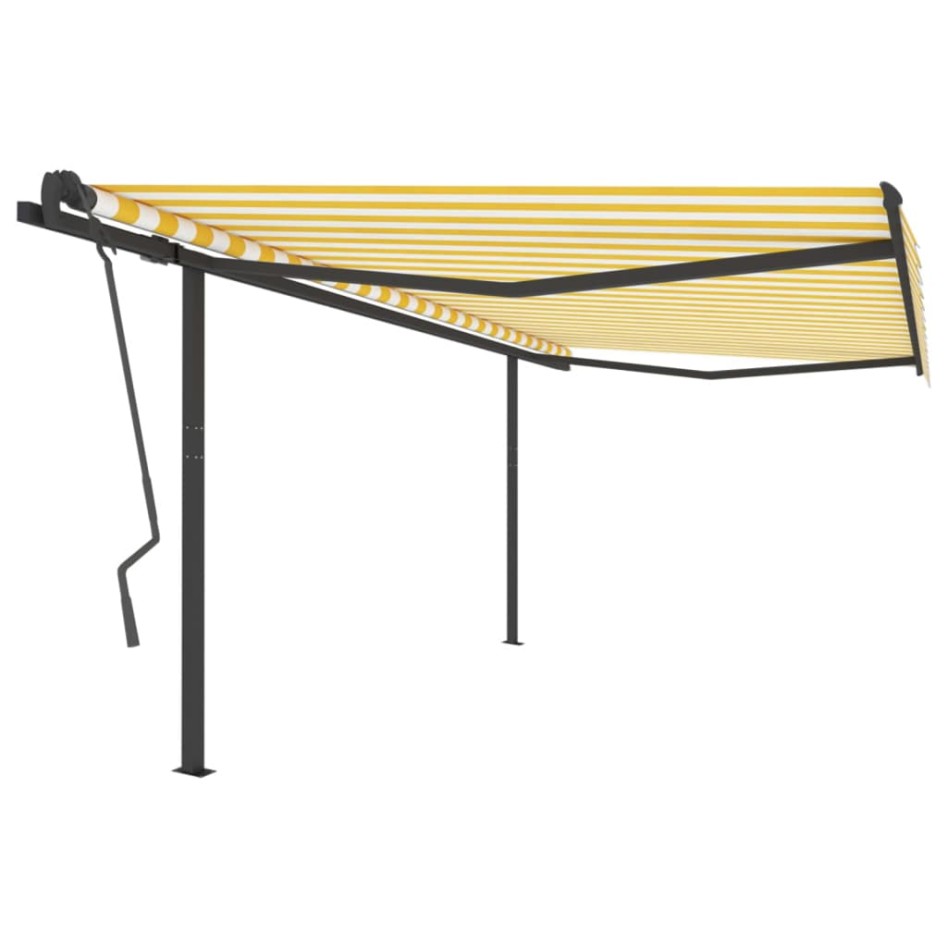 Toldo manual retráctil con postes amarillo y blanco 4x3,5