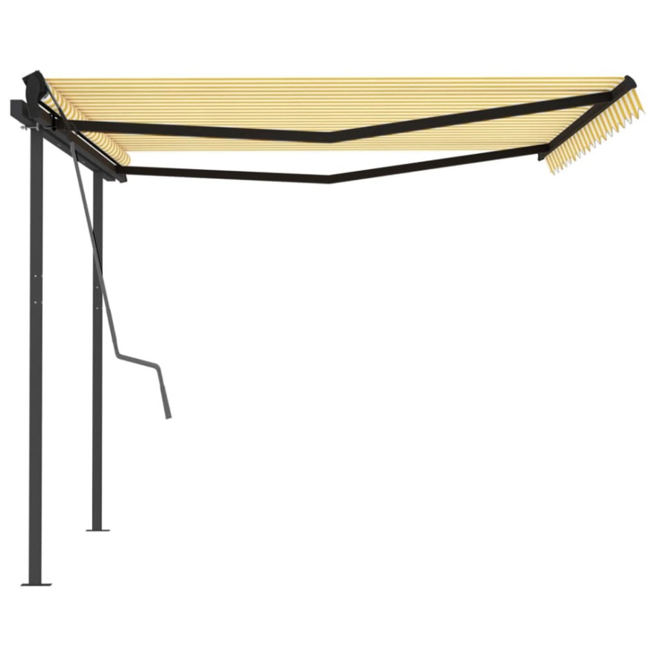 Toldo manual retráctil con postes amarillo y blanco 4x3,5