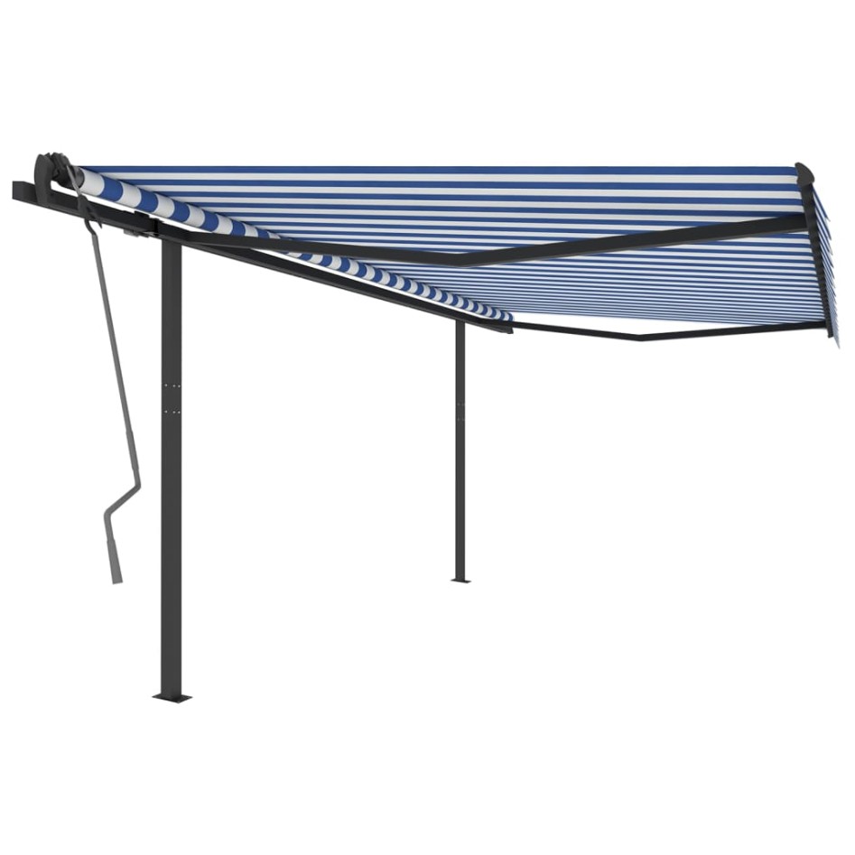 Toldo manual retráctil con postes azul y blanco 4x3