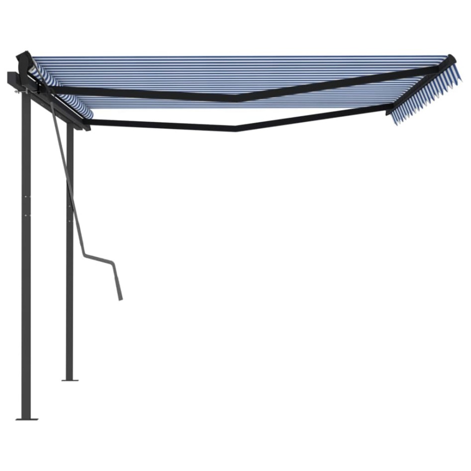 Toldo manual retráctil con postes azul y blanco 4x3