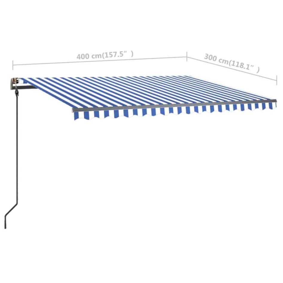 Toldo manual retráctil con postes azul y blanco 4x3