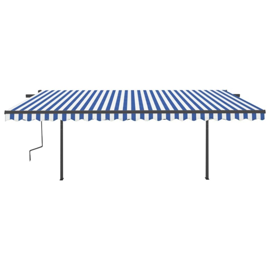 Toldo manual retráctil con postes azul y blanco 5x3