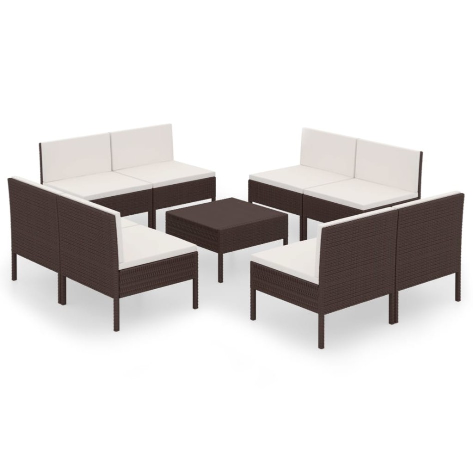 Set muebles de jardín 9 piezas y cojines ratán sintético