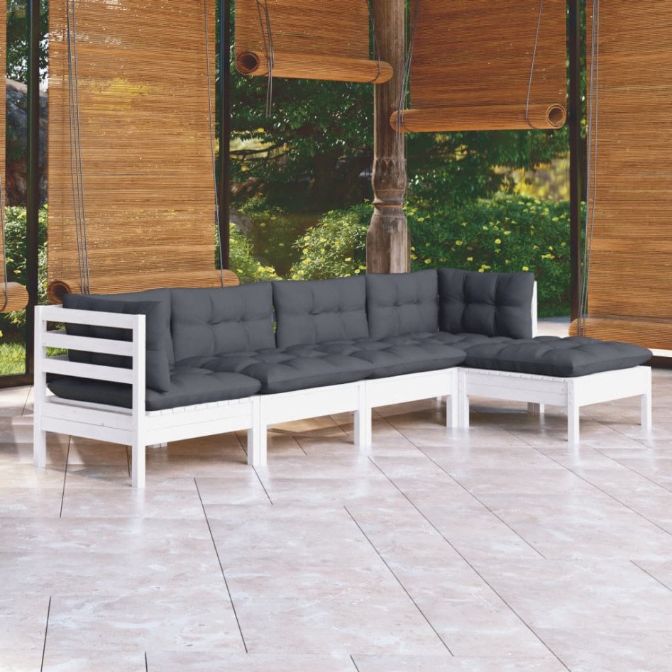 Muebles de jardín 5 pzas con cojines blanco madera de
