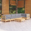 Juego de muebles de jardín 7 pzas y cojines madera pino gris