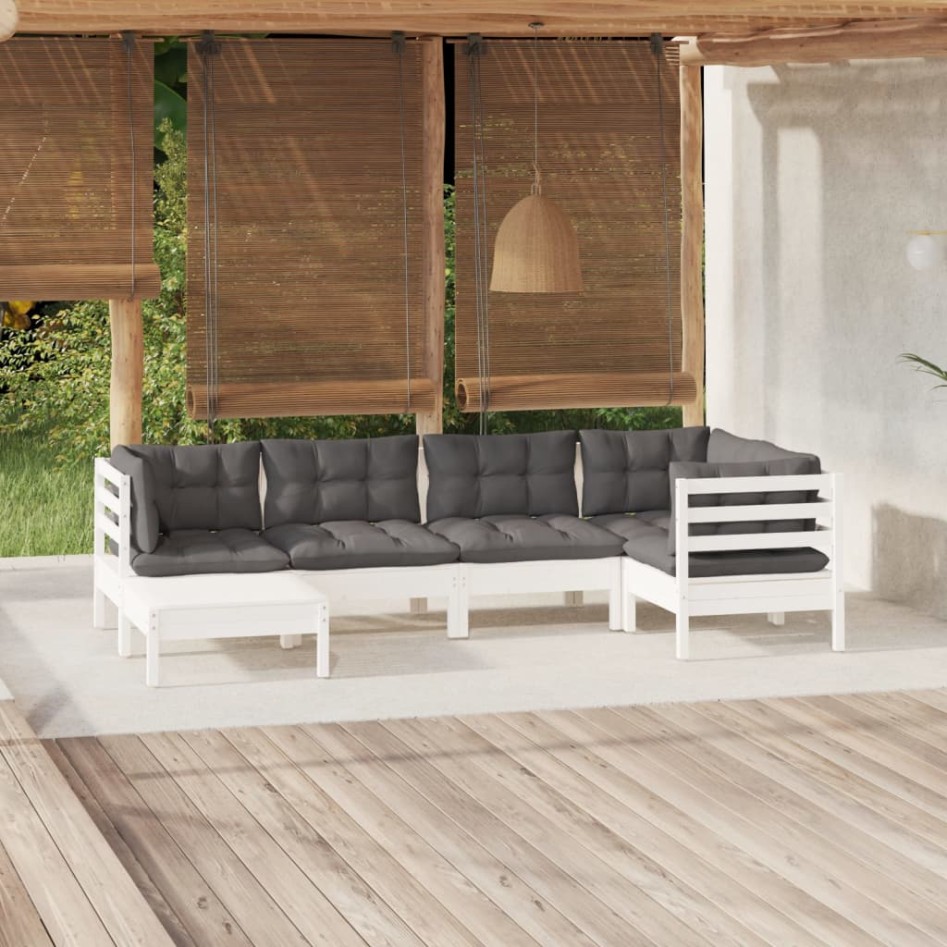 Muebles de jardín 6 pzas con cojines blanco madera maciza