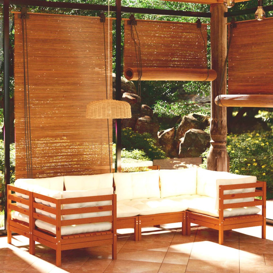 Muebles de jardín 6 pzas y cojines madera de pino marrón