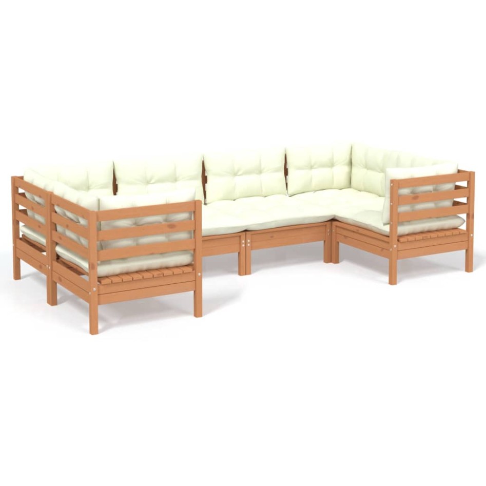 Muebles de jardín 6 pzas y cojines madera de pino marrón