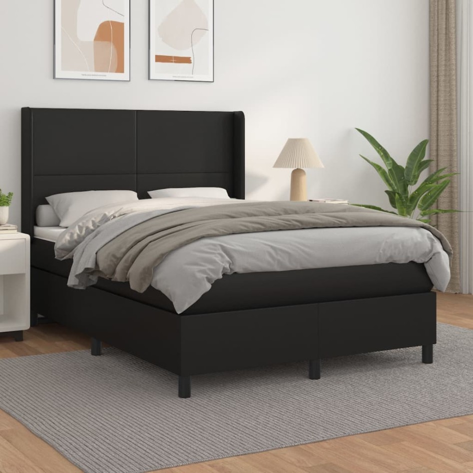 Cama box spring con colchón cuero sintético negro