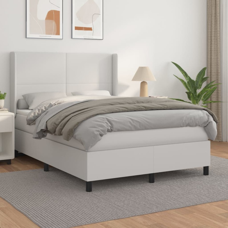 Cama box spring con colchón cuero sintético blanco 140x190