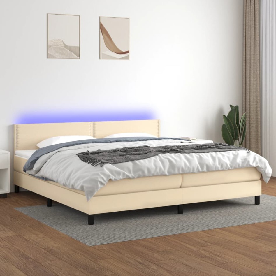 Cama box spring colchón y luces LED tela crema 200x200