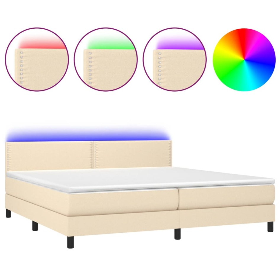 Cama box spring colchón y luces LED tela crema 200x200