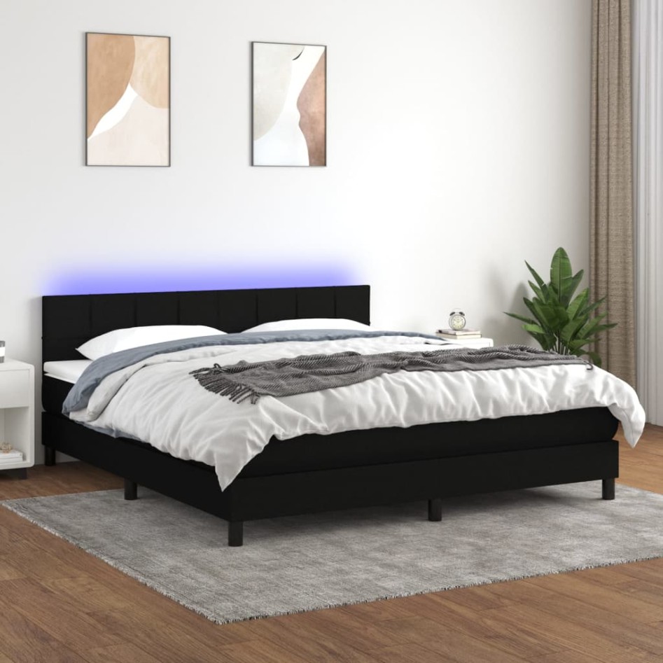 Cama box spring colchón y luces LED tela negro 160x200