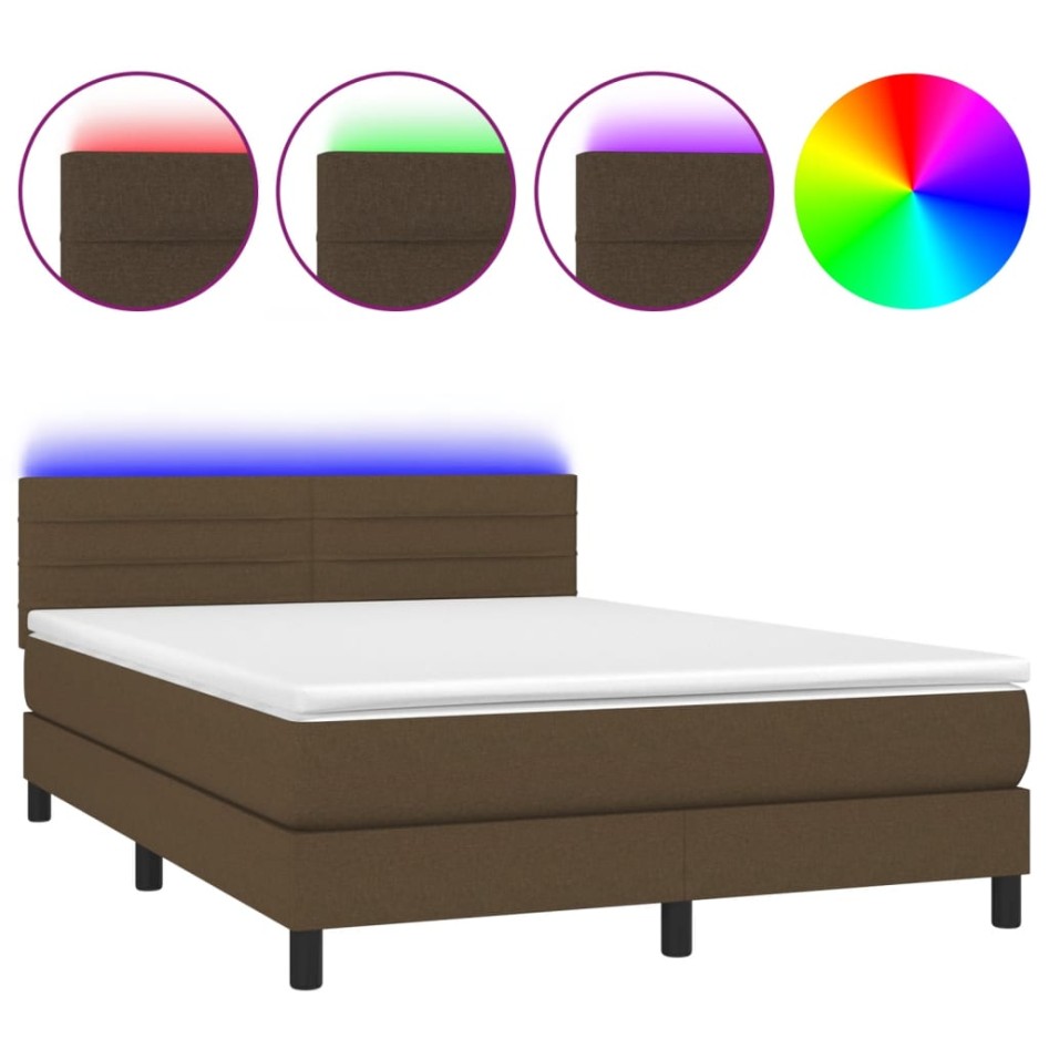 Cama box spring colchón luces LED tela marrón oscuro